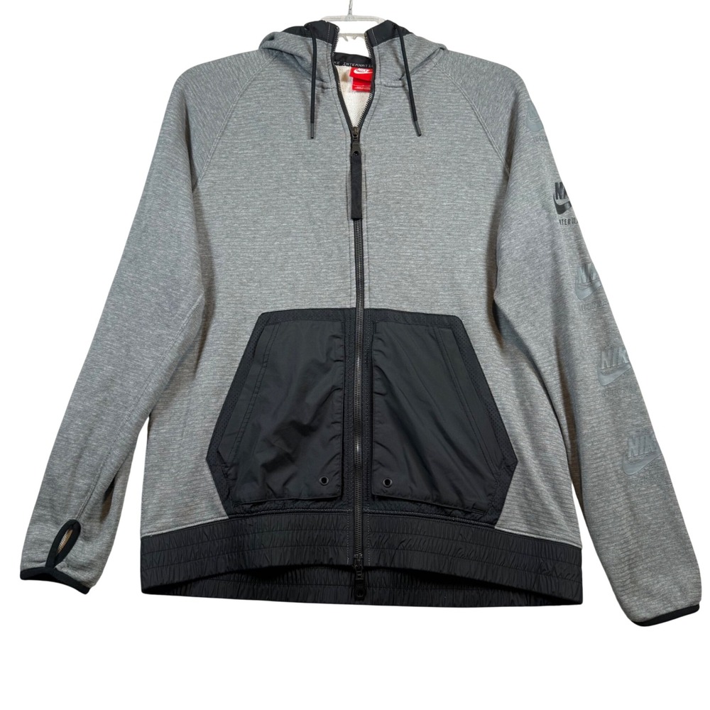Nike International Hoodie Mens Large Grey Black Full Zip Techwear Mixed Media
